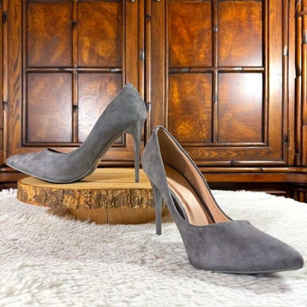 Daily Shoes Gray Faux Suede Pointed Toe Heel Pump